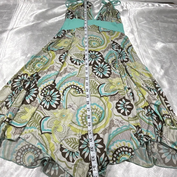 Baby Phat Halter Dress L Boho Floral Print Aqua Brown Asymmetrical Hem Y2K Retro - Picture 12 of 14